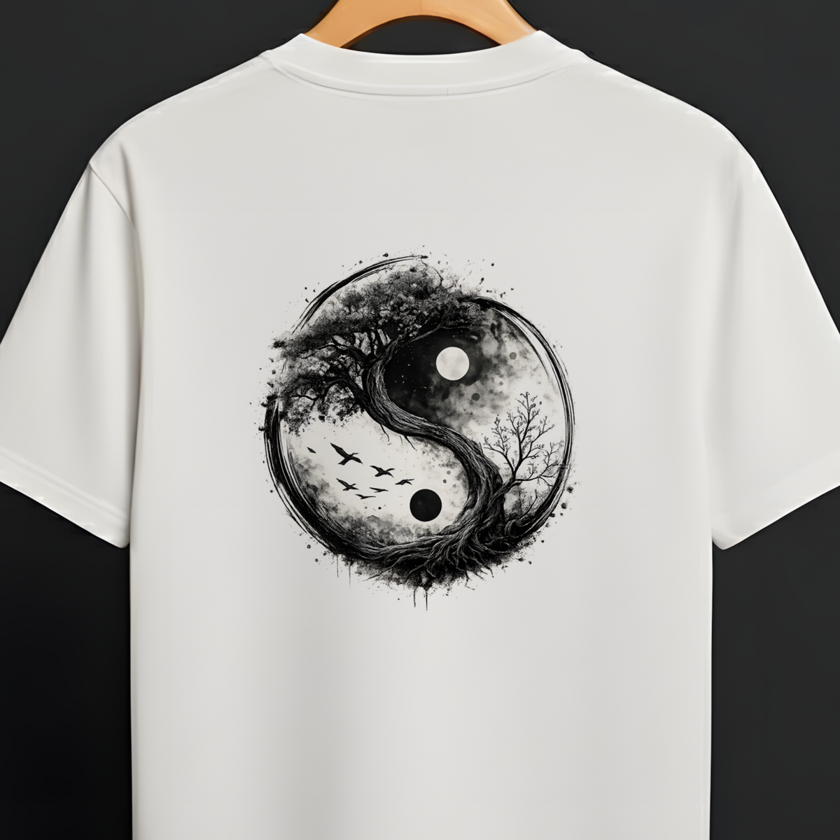 A white short-sleeve T-shirt hanging on a wooden hanger against a dark background, featuring a large black and gray distressed yin-yang graphic printed on the back.