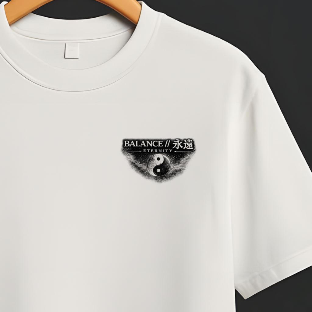 A white short-sleeve crewneck t-shirt hanging on a wooden hanger from a black clothing rack, featuring a small black and white graphic on the left chest with the text 'PREDATOR'S GUTS'.