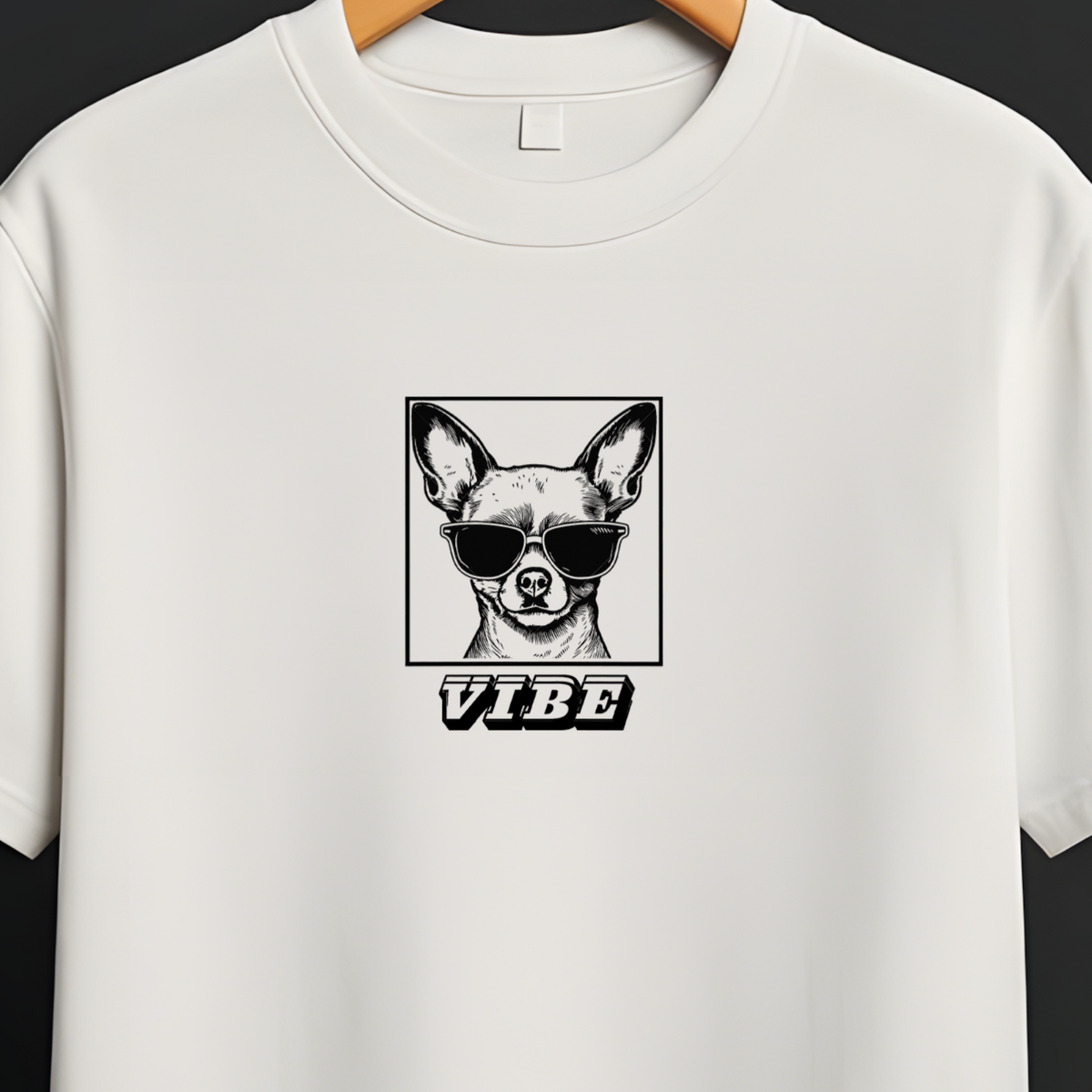 A white short-sleeve crewneck t-shirt hanging on a wooden hanger from a black clothing rack, featuring a black graphic of a dog wearing sunglasses with the word 'VIBE' underneath.