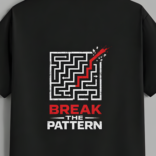 A black short-sleeve t-shirt hanging on a wooden hanger against a solid gray background. The back of the shirt features a graphic print with a white maze, a red checkmark, and the text 'BREAK THE PATTERN' in red and white.