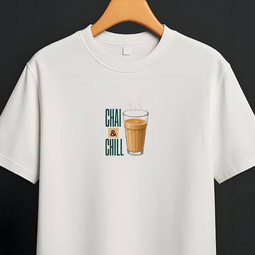 A white short-sleeve crewneck t-shirt hanging on a wooden hanger against a dark gray background. The shirt features a graphic on the chest with the text 'CHAI & CHILL' in teal and a brown coffee cup illustration.