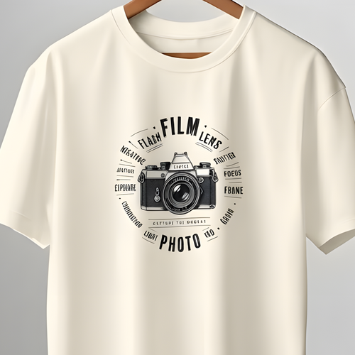 An off-white short-sleeve t-shirt with a black vintage film camera graphic and circular text on the chest, hanging on a wooden hanger from a clothing rack in front of a gray wall and white door.
