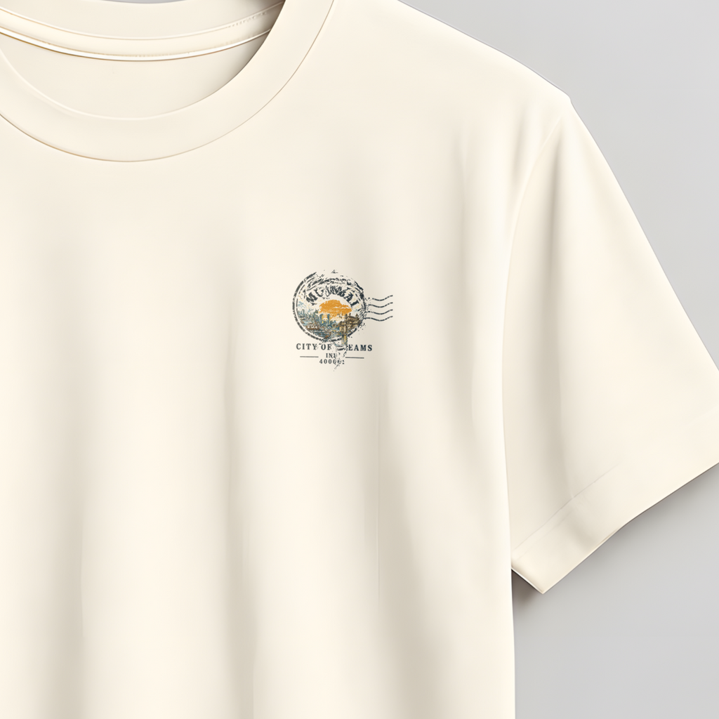 An off-white short-sleeve crewneck t-shirt hanging on a wooden hanger against a neutral gray background. The shirt features a small, delicate pink and orange graphic on the left chest.