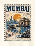 An off-white short-sleeve t-shirt hanging on a wooden hanger against a solid gray background, featuring a large vintage-style travel poster graphic on the back with the text 'MUMBAI CITY OF DREAMS' and an illustration of the Mumbai skyline and landmarks.