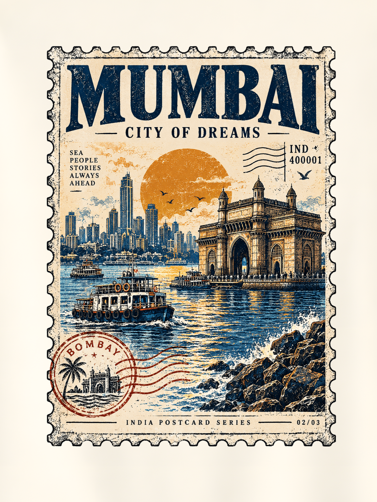 An off-white short-sleeve t-shirt hanging on a wooden hanger against a solid gray background, featuring a large vintage-style travel poster graphic on the back with the text 'MUMBAI CITY OF DREAMS' and an illustration of the Mumbai skyline and landmarks.