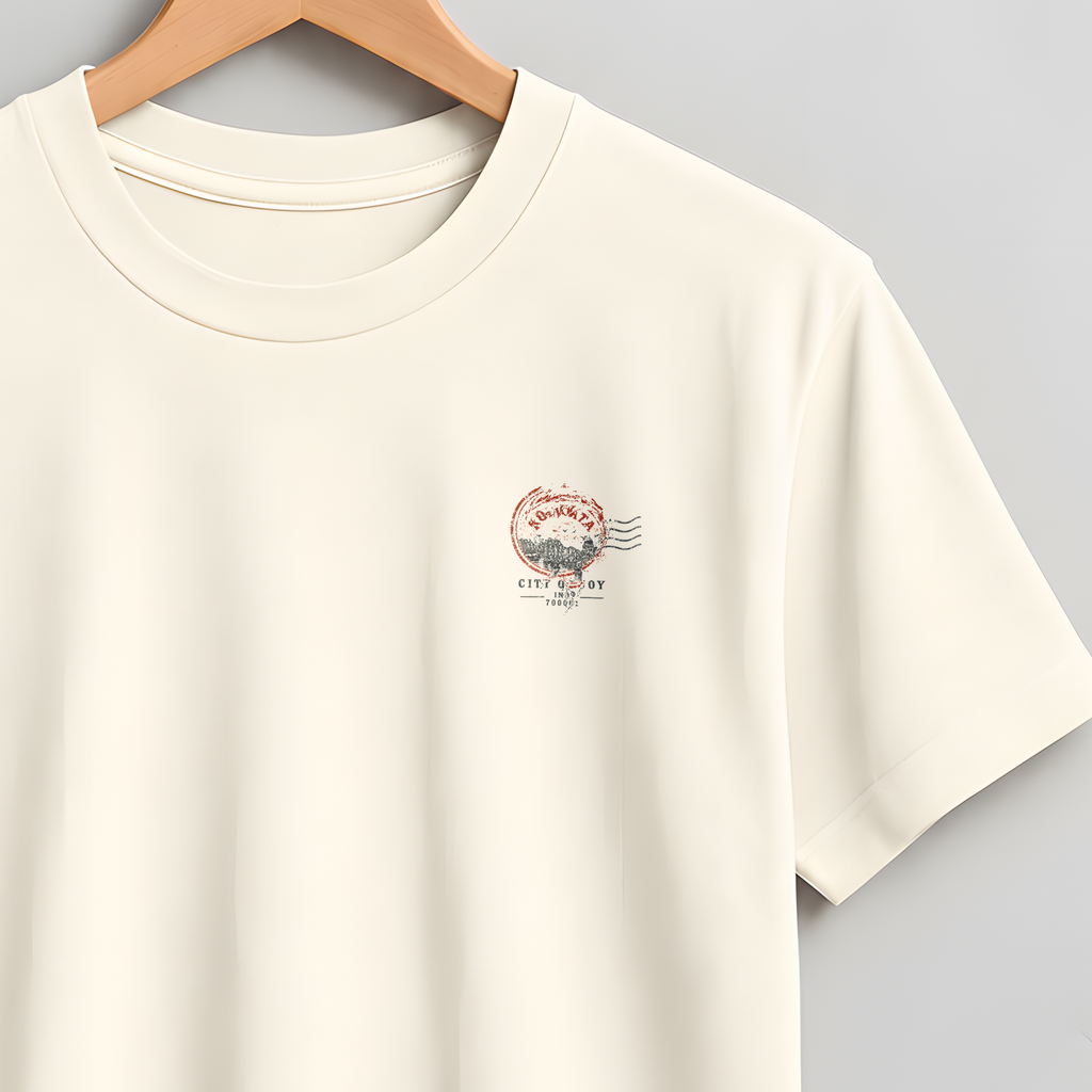 An off-white short-sleeve crewneck t-shirt hanging on a wooden hanger against a neutral gray background. The shirt features a small, delicate pink and orange graphic on the left chest.