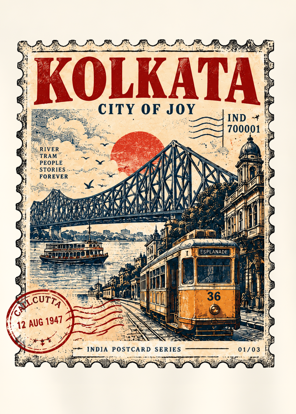 An off-white short-sleeve t-shirt hanging on a wooden hanger against a solid gray background, featuring a large vintage-style Kolkata travel stamp graphic on the back.