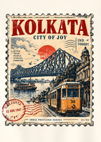 An off-white short-sleeve t-shirt hanging on a wooden hanger against a solid gray background, featuring a large vintage-style Kolkata travel stamp graphic on the back.