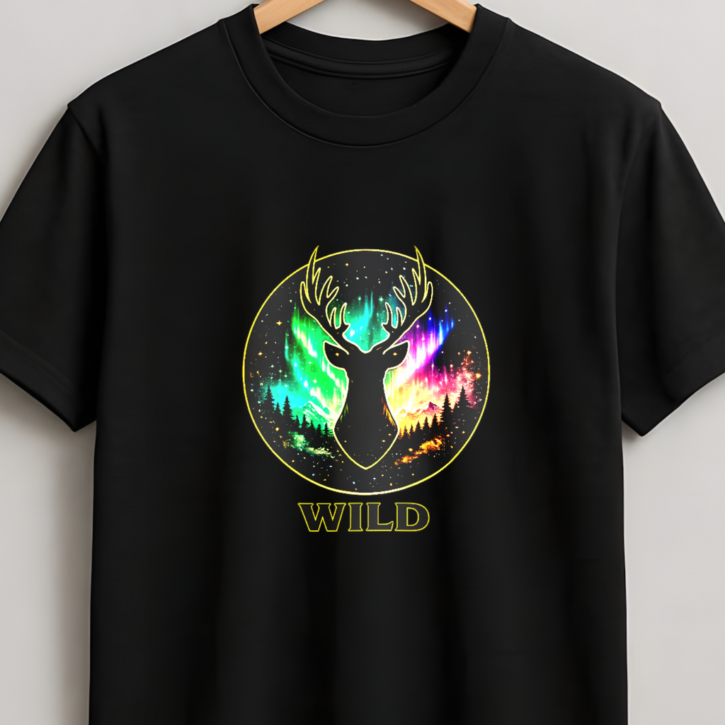 A black short-sleeve crewneck t-shirt hanging on a wooden hanger against a light gray wall. The shirt features a circular graphic on the chest with a deer head silhouette filled with a vibrant, multicolored neon-like pattern, and the word 'WILD' printed below in a gold font.