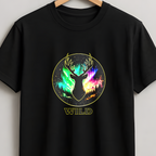 A black short-sleeve crewneck t-shirt hanging on a wooden hanger against a light gray wall. The shirt features a circular graphic on the chest with a deer head silhouette filled with a vibrant, multicolored neon-like pattern, and the word 'WILD' printed below in a gold font.