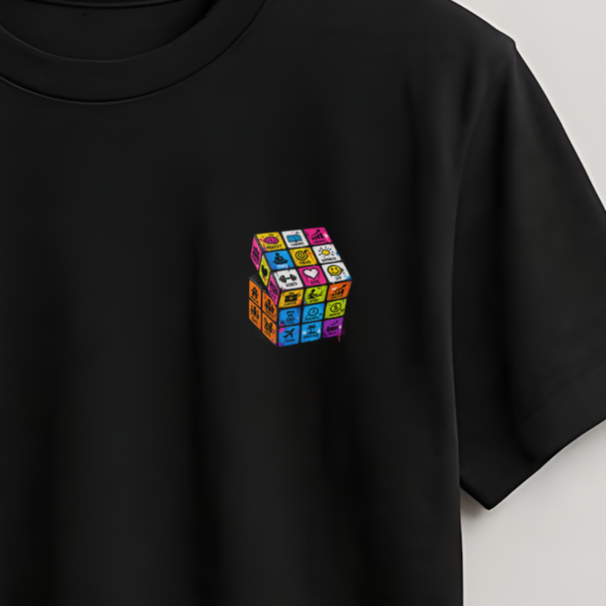 A black short-sleeve crewneck t-shirt hanging on a wooden hanger against a light gray wall. The shirt features a small, colorful graphic of a 3D Rubik's cube printed on the left chest.