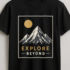 A black short-sleeve crewneck t-shirt hanging on a wooden hanger against a light gray wall. The shirt features a graphic print of a mountain peak with a yellow sun and the text 'EXPLORE BEYOND' in yellow and white.