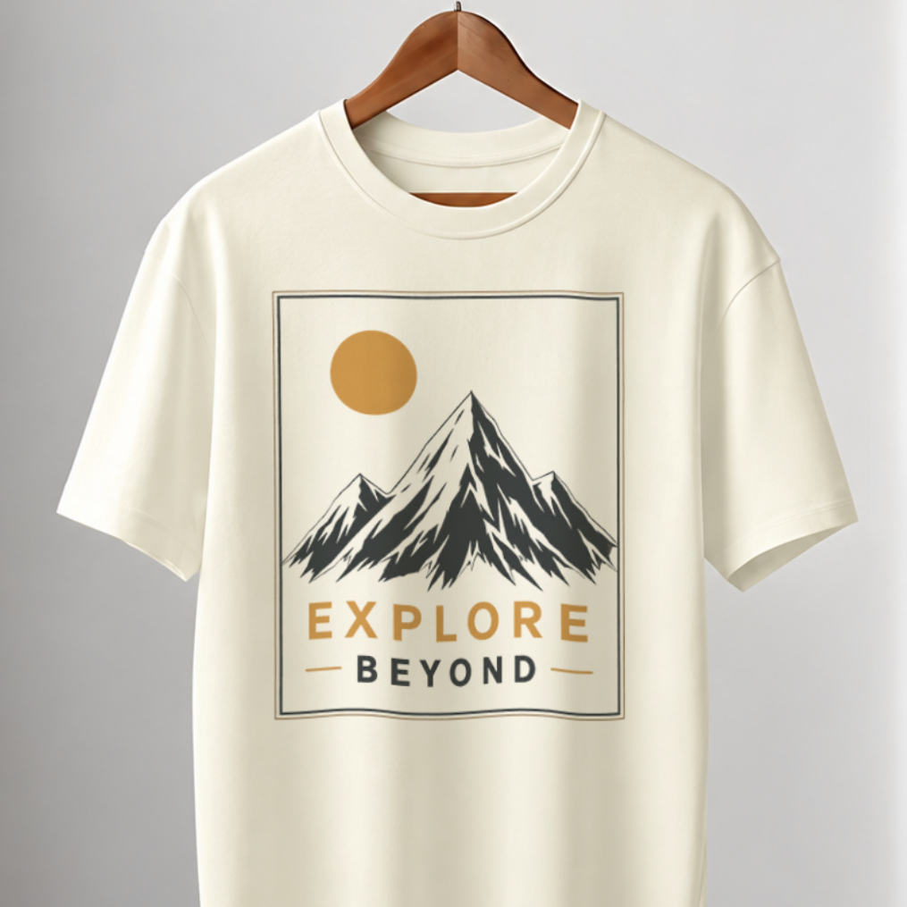 An off-white short-sleeve crewneck t-shirt hanging on a wooden hanger from a clothing rack. The shirt features a graphic print of a mountain under a yellow sun with the text 'EXPLORE BEYOND'.