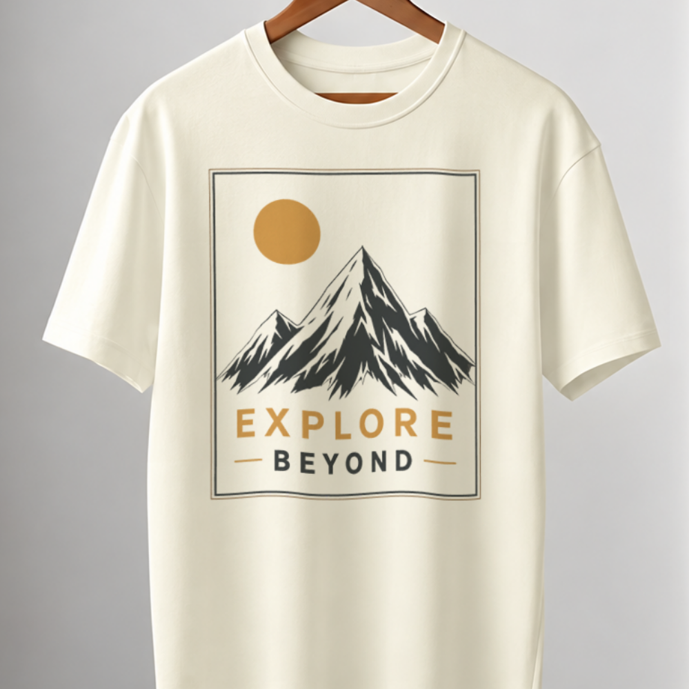 An off-white short-sleeve crewneck t-shirt hanging on a wooden hanger from a clothing rack. The shirt features a graphic print of a mountain under a yellow sun with the text 'EXPLORE BEYOND'.