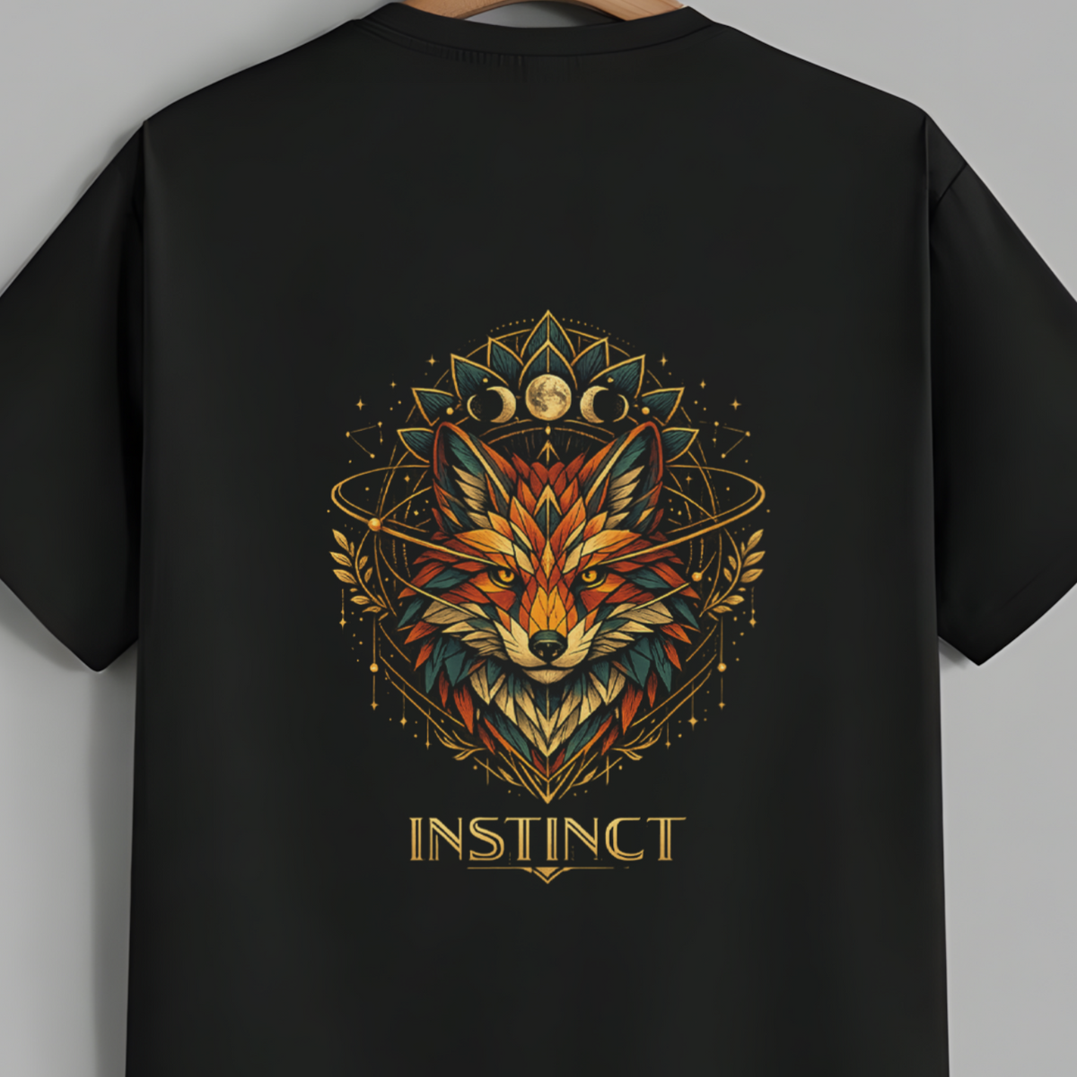 A black short-sleeve t-shirt hanging on a wooden hanger against a solid gray background. The back of the shirt features a large, detailed graphic of a fox's head surrounded by geometric patterns and stars, with the word 'INSTINCT' printed below in a gold font.