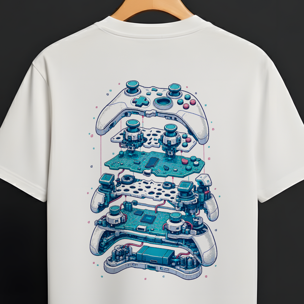 A white short-sleeve t-shirt hanging on a wooden hanger against a dark gray background. The back of the shirt features a large graphic print of stacked video game controllers in shades of blue, teal, and white.