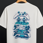 A white short-sleeve t-shirt hanging on a wooden hanger against a dark gray background. The back of the shirt features a large graphic print of stacked video game controllers in shades of blue, teal, and white.