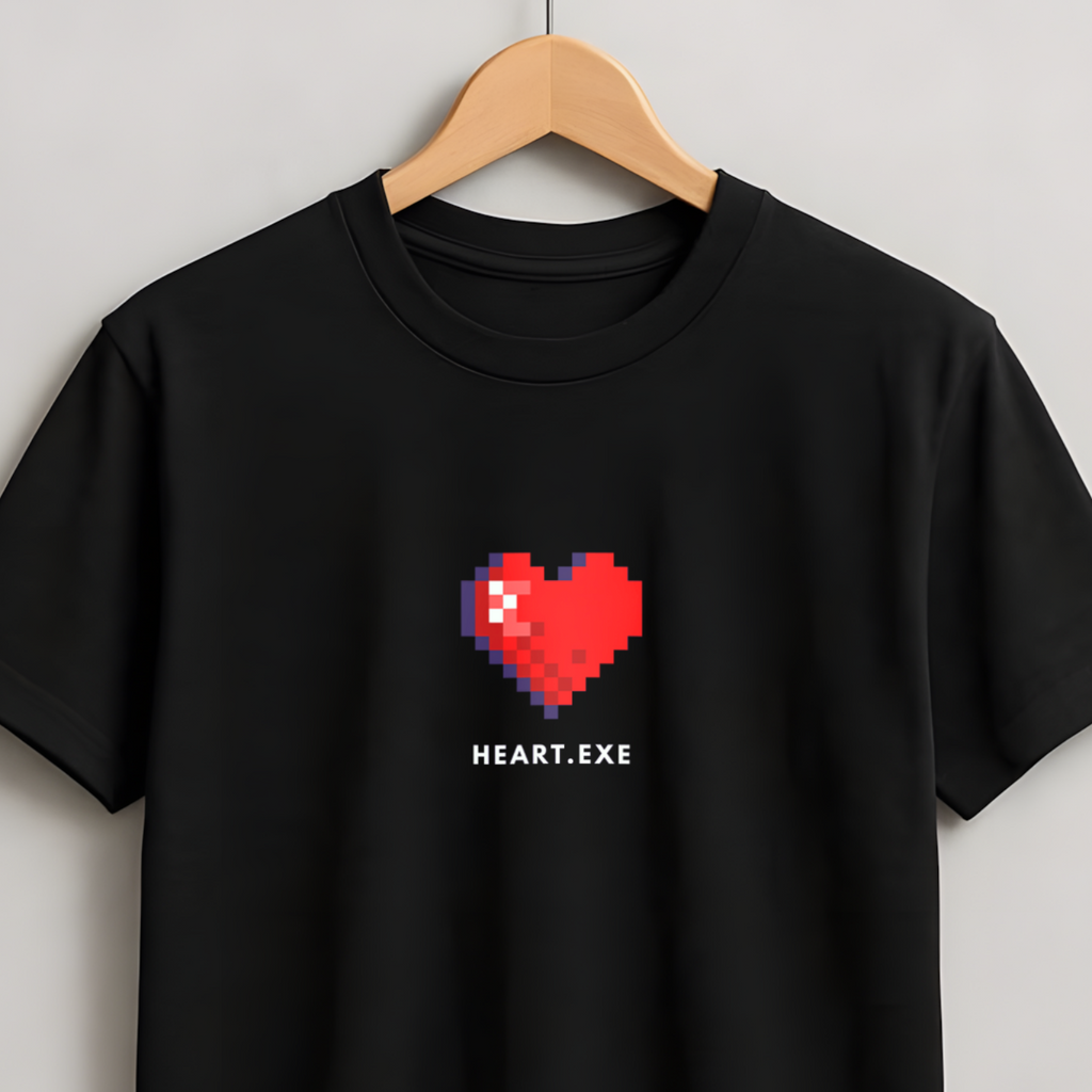 A black short-sleeve crewneck t-shirt hanging on a wooden hanger against a light gray wall. The shirt features a red pixelated heart graphic on the chest with the text 'HEART.