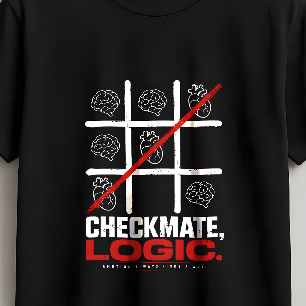 A black short-sleeve t-shirt hanging on a wooden hanger against a light gray wall. The shirt features a white tic-tac-toe grid graphic with a red diagonal slash, and the words 'CHECKMATE, LOGIC.
