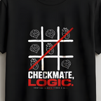 A black short-sleeve t-shirt hanging on a wooden hanger against a light gray wall. The shirt features a white tic-tac-toe grid graphic with a red diagonal slash, and the words 'CHECKMATE, LOGIC.