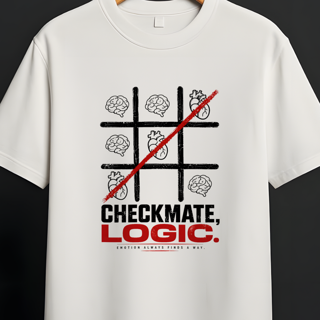 A white short-sleeve t-shirt hanging on a wooden hanger against a dark gray background. The shirt features a black and red graphic of a crossed-out tic-tac-toe grid with brain icons, and the text 'CHECKMATE.