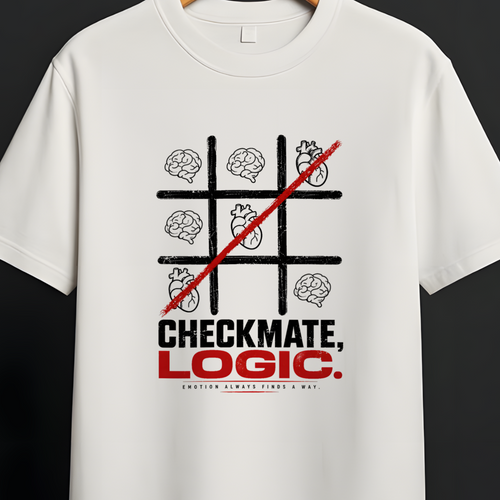 A white short-sleeve t-shirt hanging on a wooden hanger against a dark gray background. The shirt features a black and red graphic of a crossed-out tic-tac-toe grid with brain icons, and the text 'CHECKMATE.