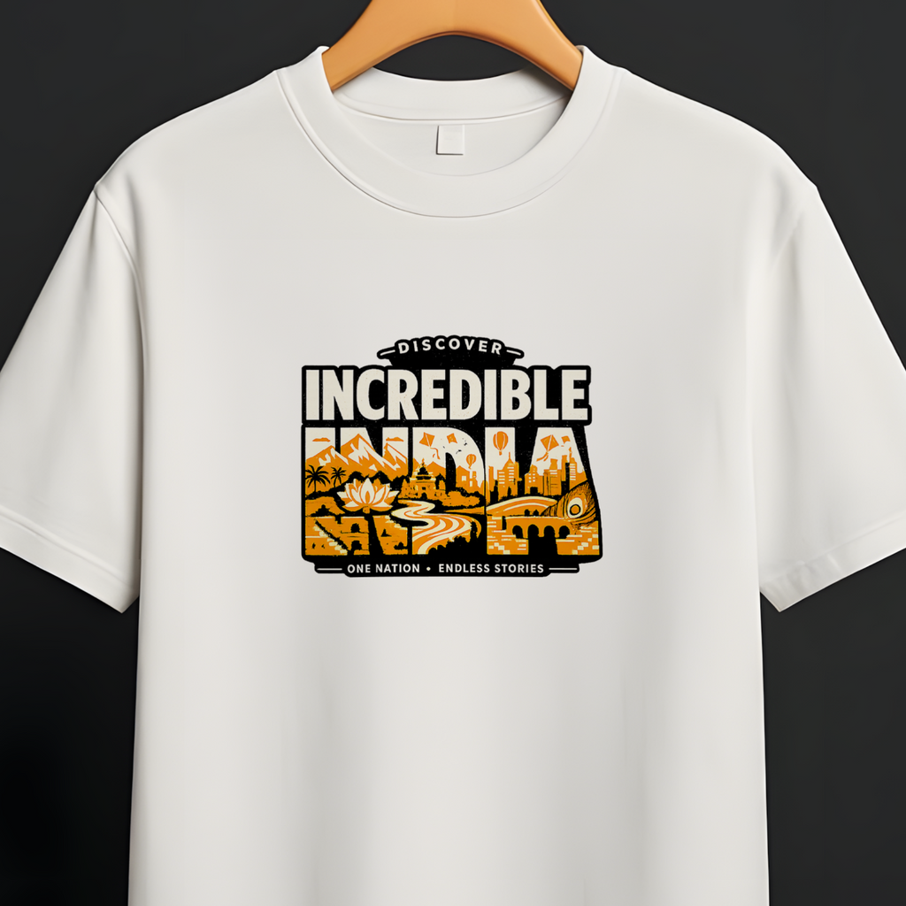 A white short-sleeve crewneck t-shirt hanging on a wooden hanger from a black clothing rack against a dark gray background. The shirt features a graphic print on the chest with the words 'INCREDIBLE INDIA' in bold black letters over a stylized orange and yellow map design.