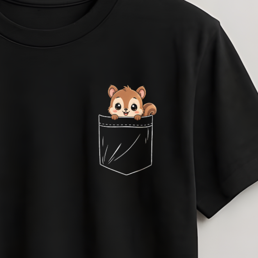A black short-sleeve crewneck t-shirt hanging on a wooden hanger against a light gray wall. The shirt features a small graphic on the left chest of a cartoon chipmunk peeking out of a pocket.