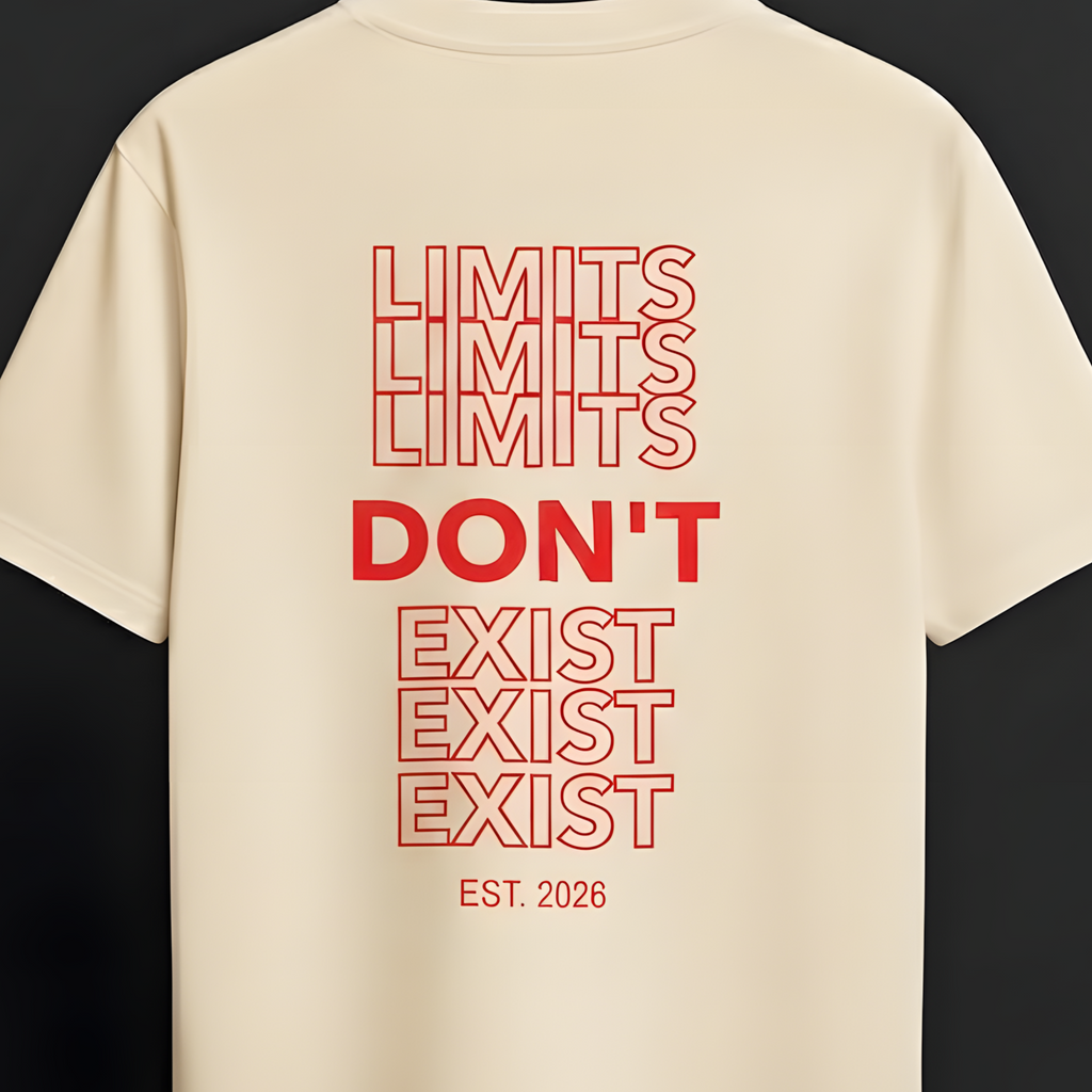 A cream-colored short-sleeve t-shirt hanging on a wooden hanger against a dark gray background. The back of the shirt features a graphic design with the word 'DON'T' in solid red letters, surrounded by 'LIMITS' and 'EXIST' repeated in red outline text, with 'EST.