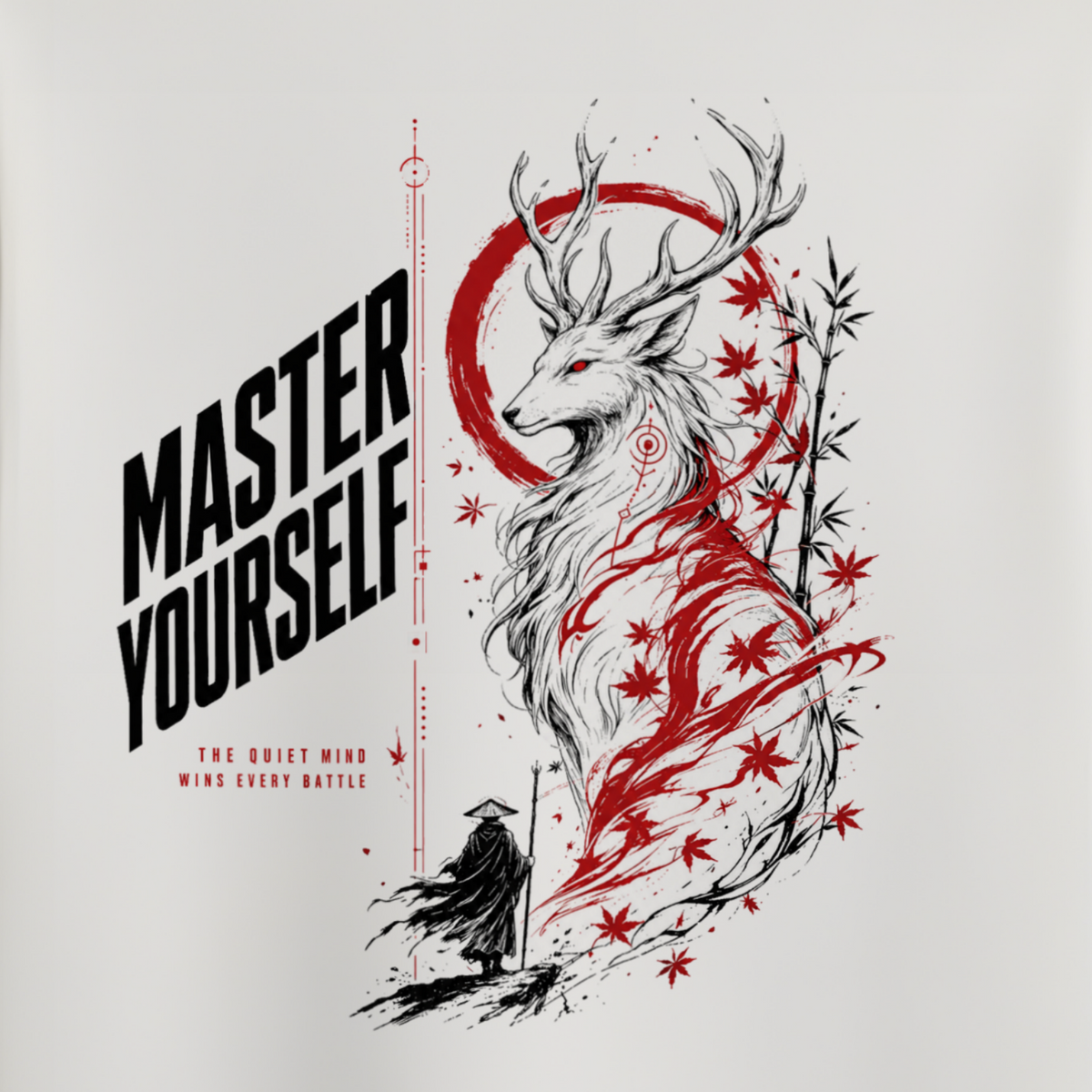 A white short-sleeve t-shirt hanging on a wooden hanger against a dark background. The back of the shirt features a large graphic print with the words 'MASTER YOURSELF' in black, a white stag illustration, and red splatter-style accents.