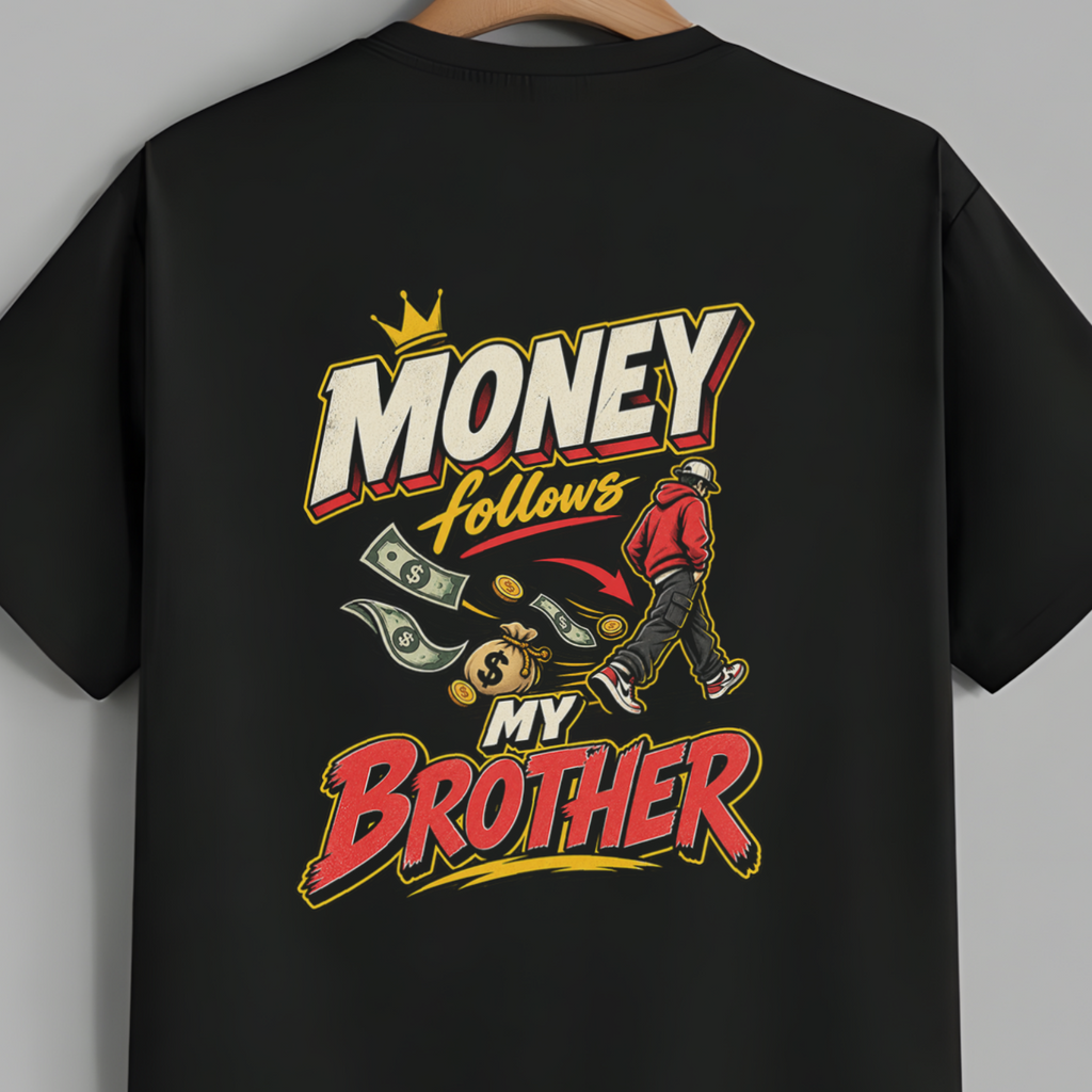 A black short-sleeve t-shirt hanging on a wooden hanger against a solid gray background, showing the back of the shirt with a colorful graphic print that reads 'MONEY follows MY BROTHER' with cartoon money and a figure.