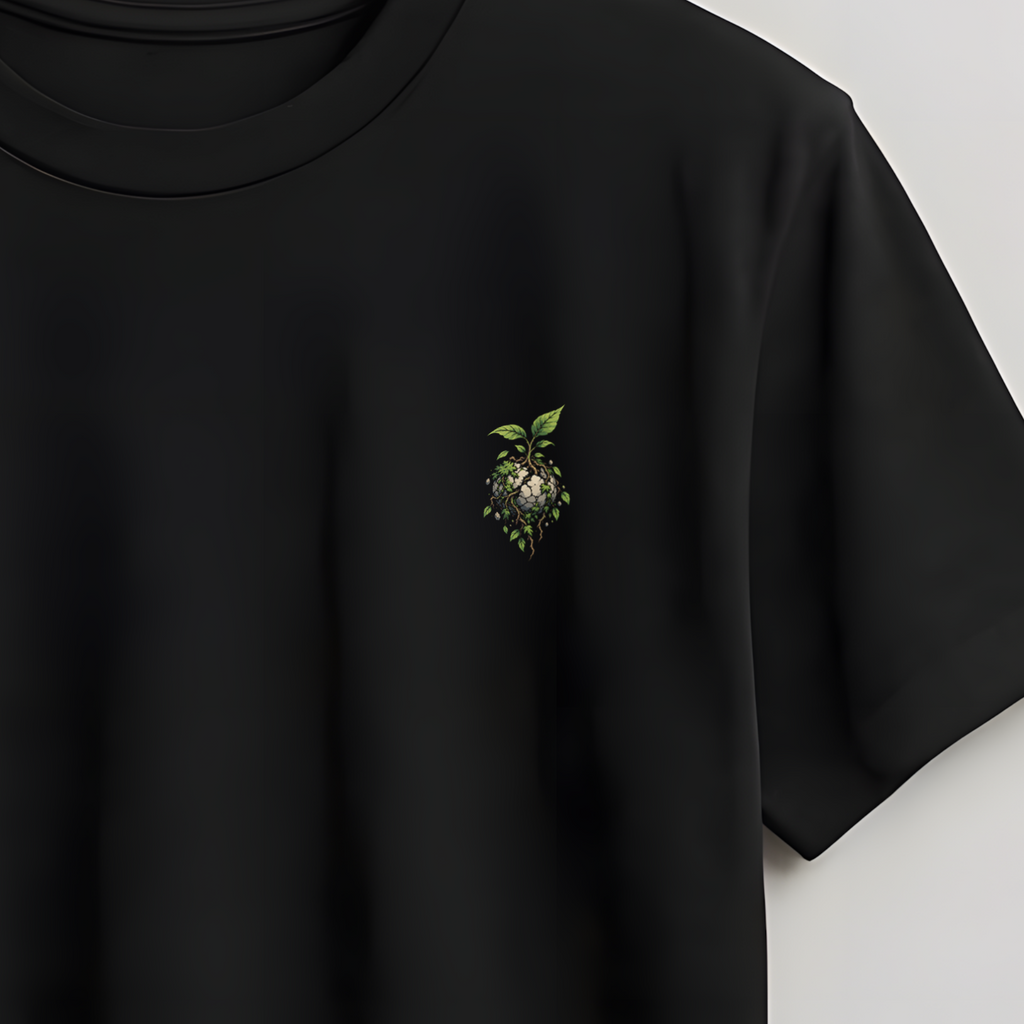 Black t-shirt on a wooden hanger against a light gray background