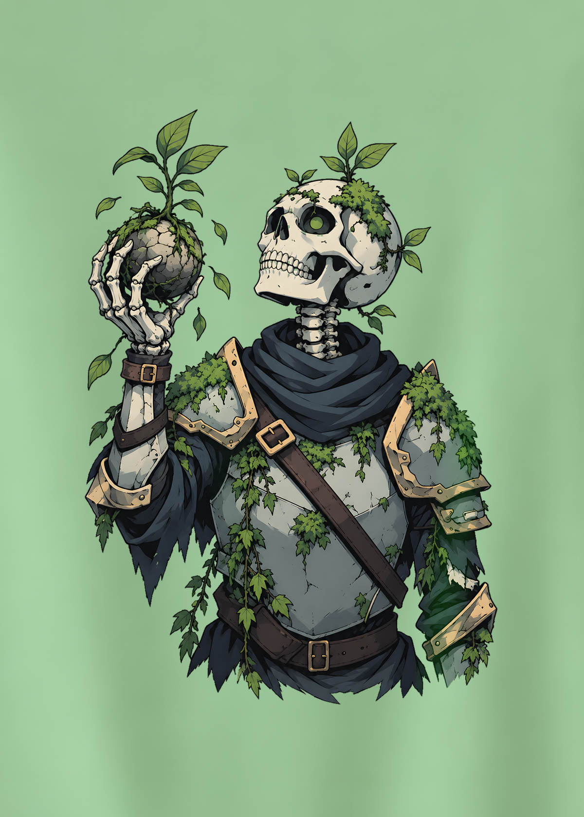 A light green short-sleeve t-shirt hanging on a wooden hanger against a solid gray background. The back of the shirt features a large graphic print of a skeleton knight in dark armor with green ivy and leaves growing from its body and around its skull.