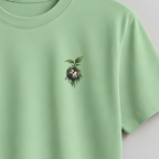 A light green crewneck t-shirt hanging on a wooden hanger against a neutral gray background. The shirt features a small embroidered graphic on the left chest depicting a dark bird with green leaves and a flower.