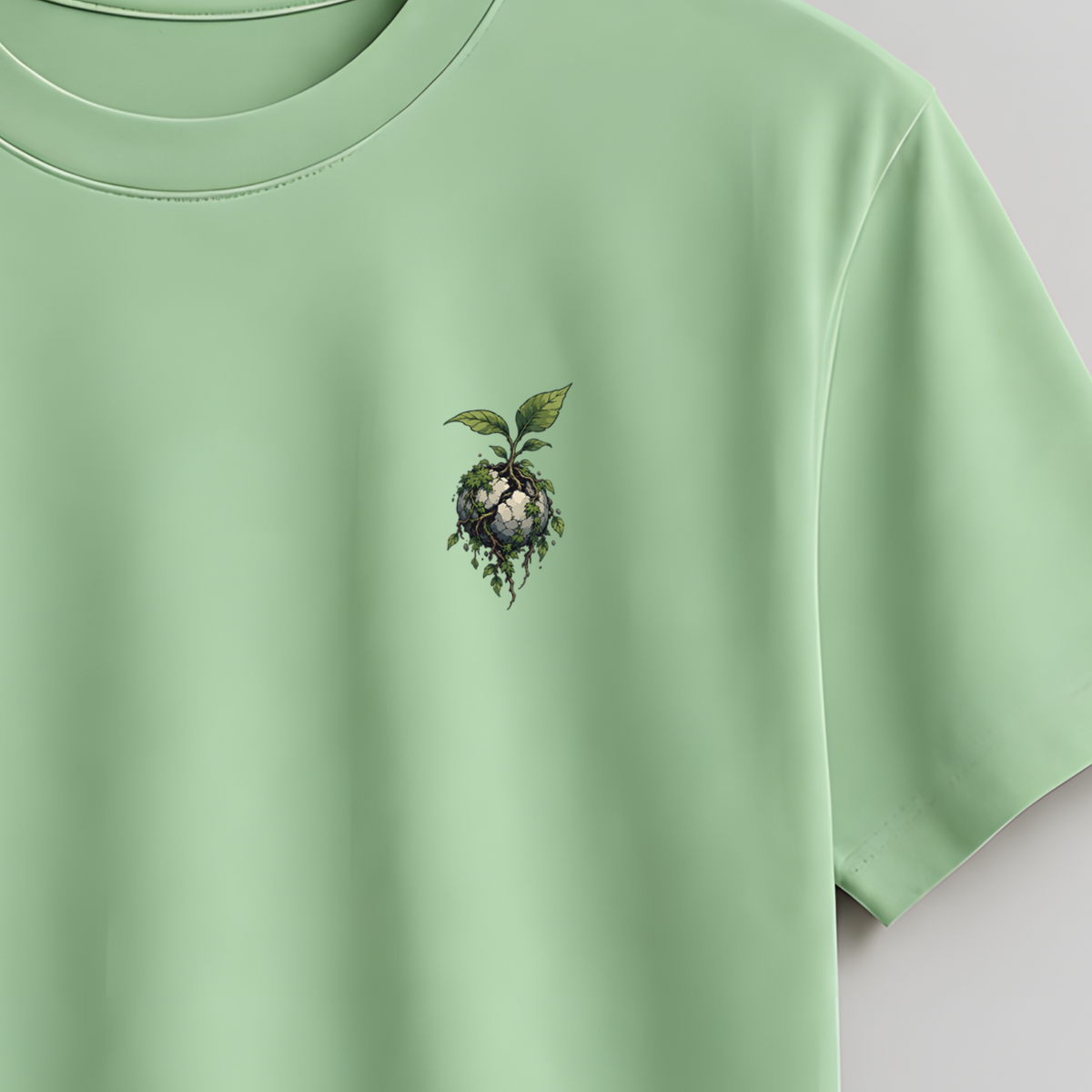 A light green crewneck t-shirt hanging on a wooden hanger against a neutral gray background. The shirt features a small embroidered graphic on the left chest depicting a dark bird with green leaves and a flower.