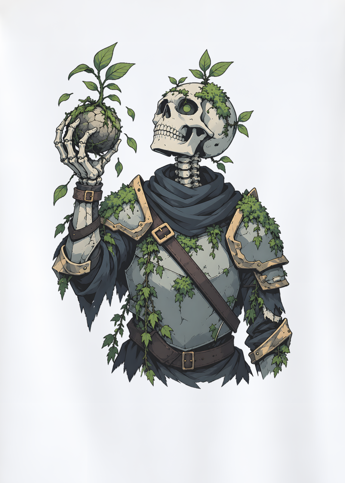 A white short-sleeve t-shirt hanging on a wooden hanger against a solid gray background, featuring a large graphic print of a skeleton knight in armor with green ivy and leaves.