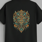 A black short-sleeve t-shirt hanging on a wooden hanger against a solid gray background, featuring a large, detailed mandala-style owl graphic on the back in teal, gold, and orange.