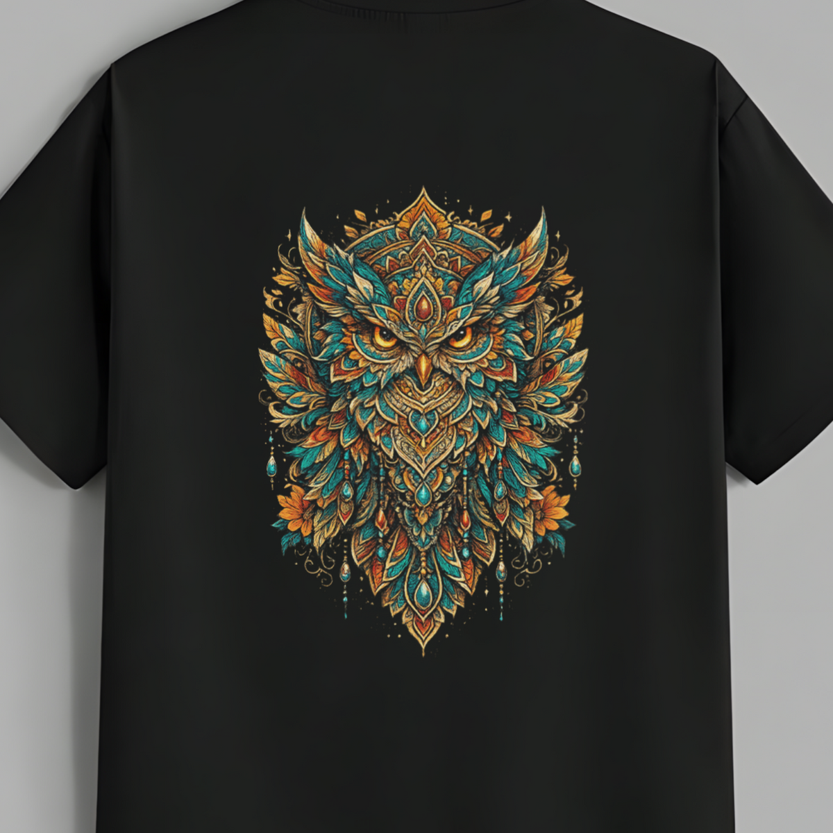 A black short-sleeve t-shirt hanging on a wooden hanger against a solid gray background, featuring a large, detailed mandala-style owl graphic on the back in teal, gold, and orange.