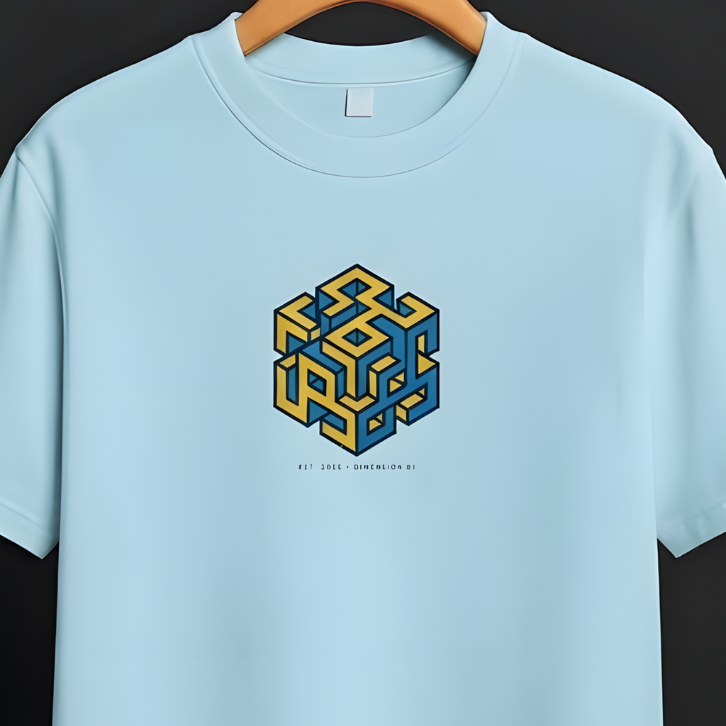 A light blue crewneck t-shirt hanging on a wooden hanger against a dark gray background. The shirt features a central graphic of a 3D optical illusion cube in yellow and blue, with small text underneath.