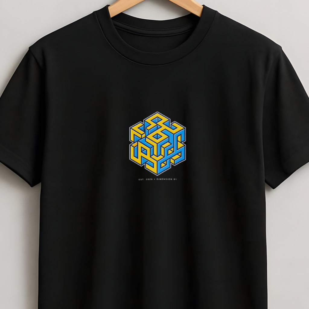 A black short-sleeve crewneck t-shirt hanging on a wooden hanger against a light gray wall. The shirt features a small graphic on the center chest depicting a 3D cube with blue and yellow lines, and the text 'HPS' underneath.