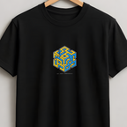 A black short-sleeve crewneck t-shirt hanging on a wooden hanger against a light gray wall. The shirt features a small graphic on the center chest depicting a 3D cube with blue and yellow lines, and the text 'HPS' underneath.