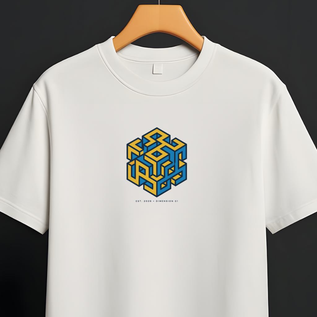 A white short-sleeve crewneck t-shirt hanging on a wooden hanger from a black clothing rack against a dark gray background. The shirt features a central graphic of a 3D optical illusion cube in blue and yellow, with small black text underneath.