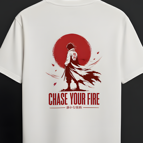 A white short-sleeve t-shirt hanging on a wooden hanger against a dark background. The back of the shirt features a large red graphic print of a samurai silhouette in front of a red sun, with the text 'CHASE YOUR FIRE' printed below.