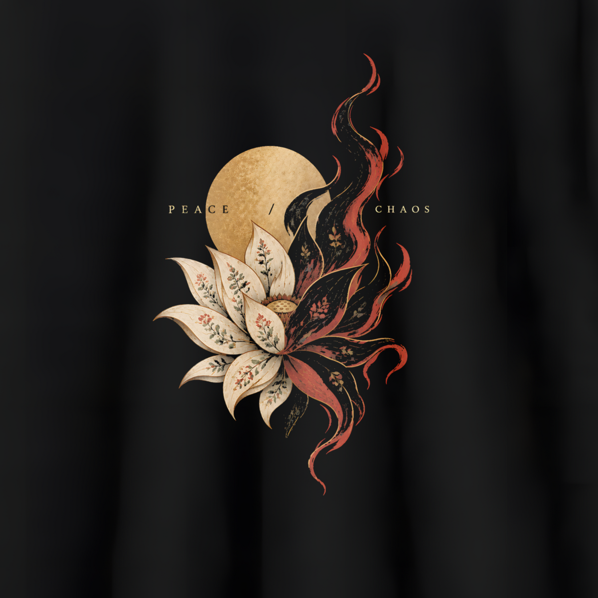 A black short-sleeve crewneck t-shirt hanging on a wooden hanger against a light gray wall. The shirt features a graphic print on the front with a beige lotus flower, a gold moon, and red-orange smoke-like swirls.