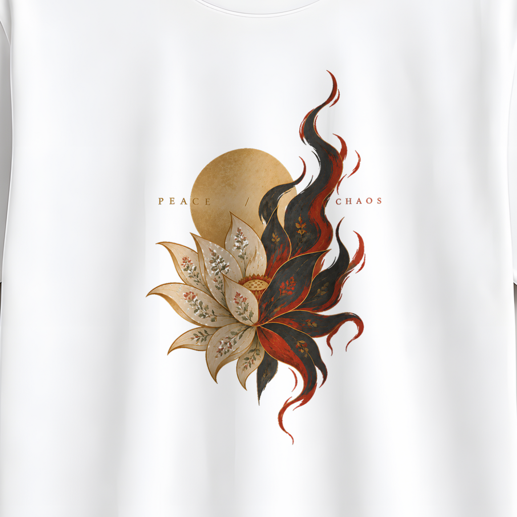 A white short-sleeve crewneck t-shirt hanging on a wooden hanger against a neutral gray background. The shirt features a central graphic print of a stylized flower with a gold sun and a black, red, and brown flame-like swirl.