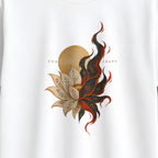 A white short-sleeve crewneck t-shirt hanging on a wooden hanger against a neutral gray background. The shirt features a central graphic print of a stylized flower with a gold sun and a black, red, and brown flame-like swirl.