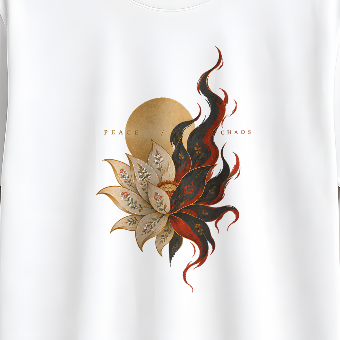 A white short-sleeve crewneck t-shirt hanging on a wooden hanger against a neutral gray background. The shirt features a central graphic print of a stylized flower with a gold sun and a black, red, and brown flame-like swirl.