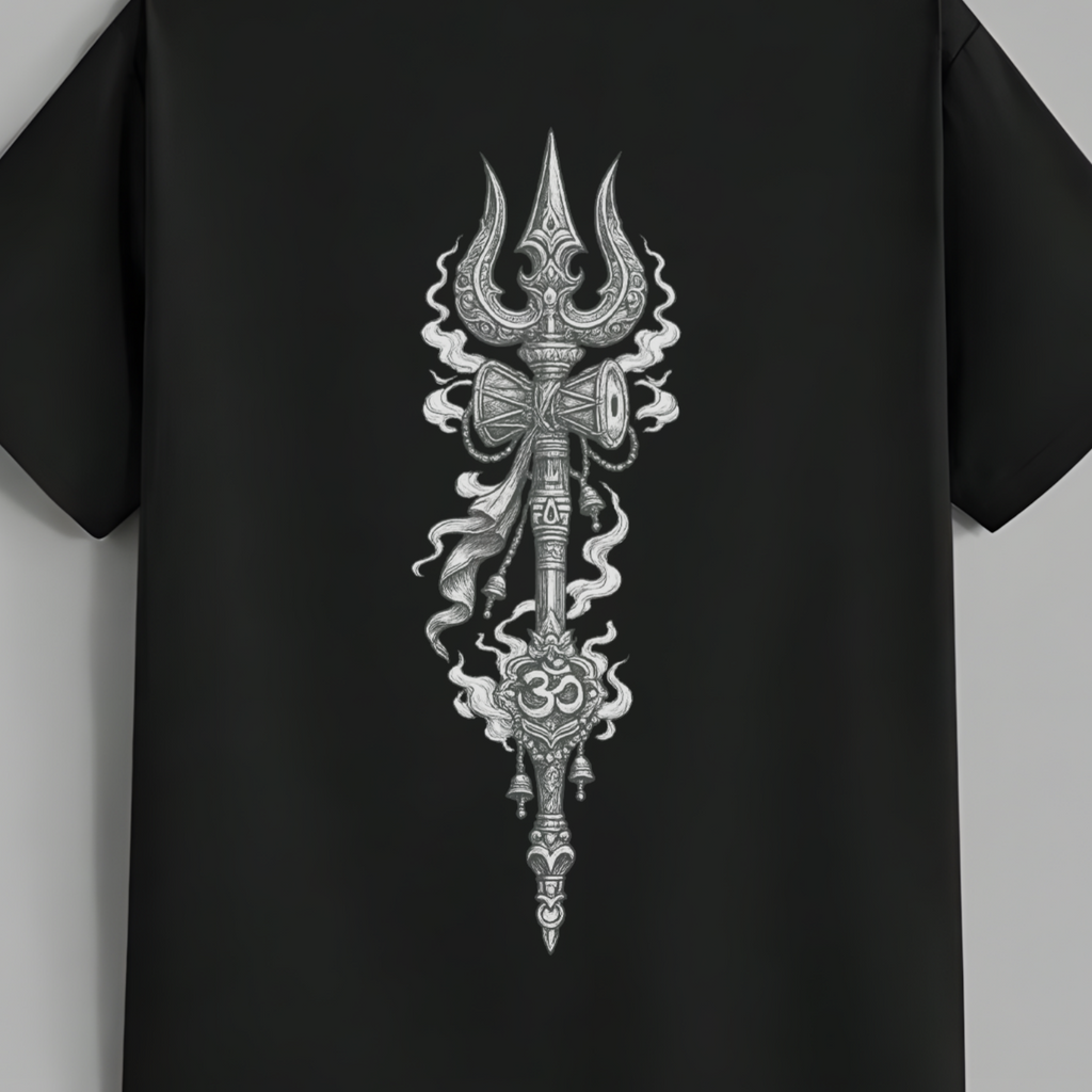 A black short-sleeve t-shirt featuring a large, detailed silver and white graphic of a trident with ornate patterns and smoke details on the front, shown against a neutral gray background.