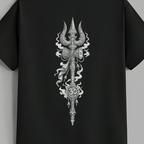 A black short-sleeve t-shirt featuring a large, detailed silver and white graphic of a trident with ornate patterns and smoke details on the front, shown against a neutral gray background.