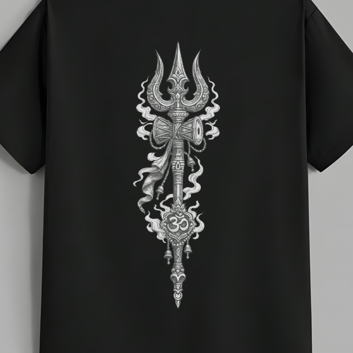 A black short-sleeve t-shirt featuring a large, detailed silver and white graphic of a trident with ornate patterns and smoke details on the front, shown against a neutral gray background.